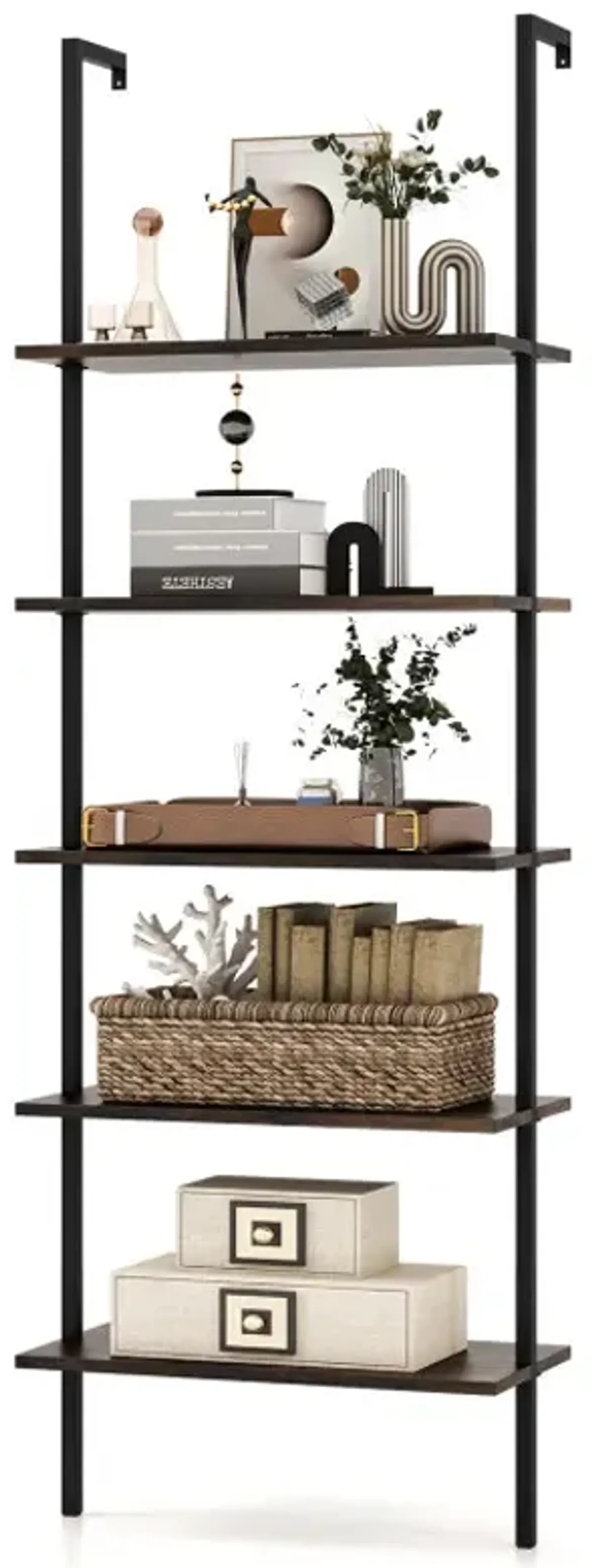 5 Tier Ladder Shelf Wall-Mounted Bookcase with Steel Frame