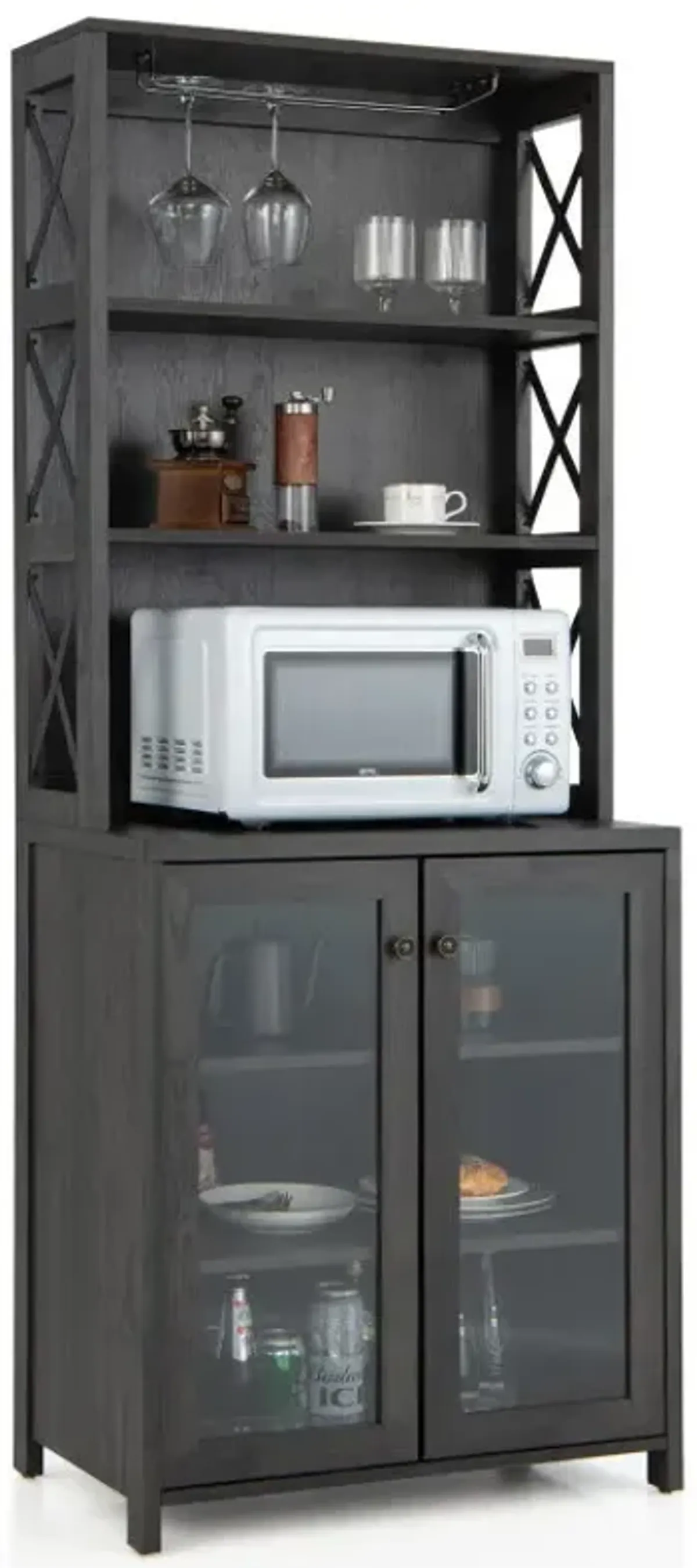 Tall Freestanding Buffet Hutch with Glass Holder and Adjustable Shelves