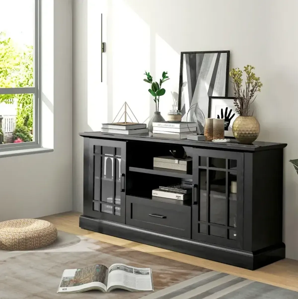 TV Stand for TVs up to 70  with Glass Doors Cubbies and Drawer