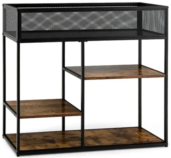 4-Tier Industrial Console Table with Wire Basket and shelf