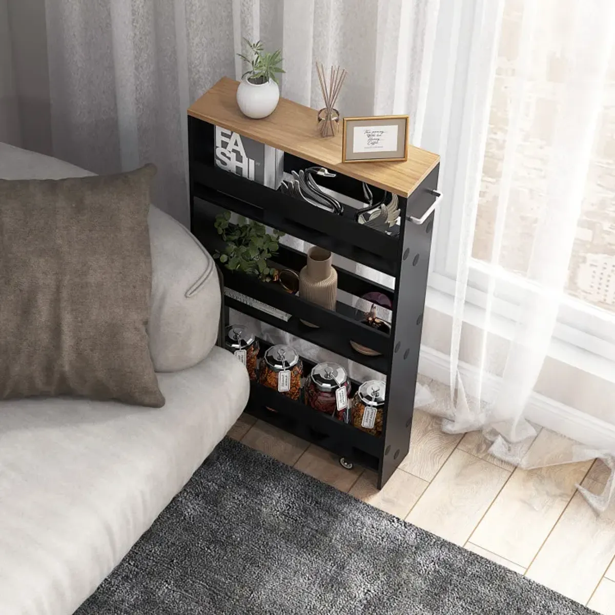 Narrow Mobile Serving Cart with Open Shelves for Kitchen Bathroom Living Room