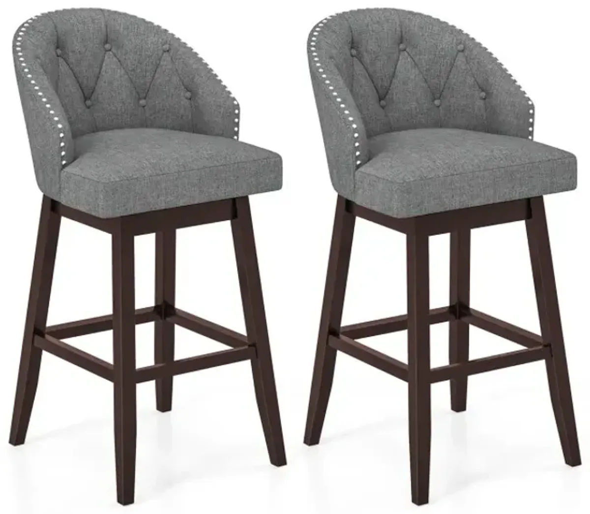 Set of 2 Swivel Bar Stools with Rubber Wood Legs and Padded Back