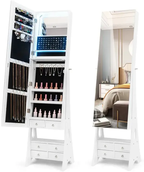 Freestanding Full Length LED Mirrored Jewelry Armoire with 6 Drawers and 3-Color LED Lights