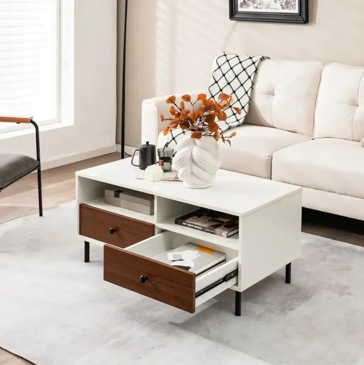 2 Tier 40 Inch Length Modern Rectangle Coffee Table with Storage Shelf and Drawers