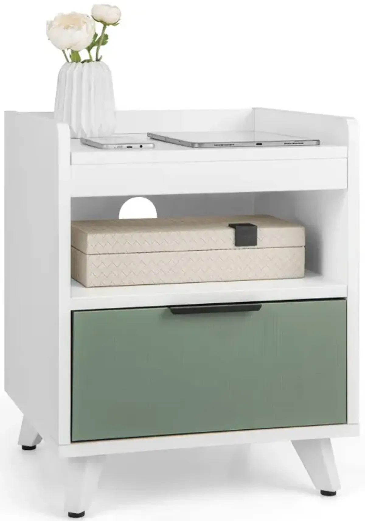 Modern Nightstand with LED Lights Sliding Drawer and Open Compartment