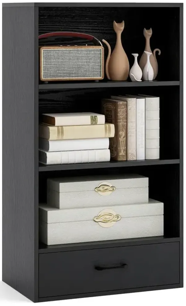 4-Tier Storage Bookcase with Open Shelves Drawer and Anti-toppling Device