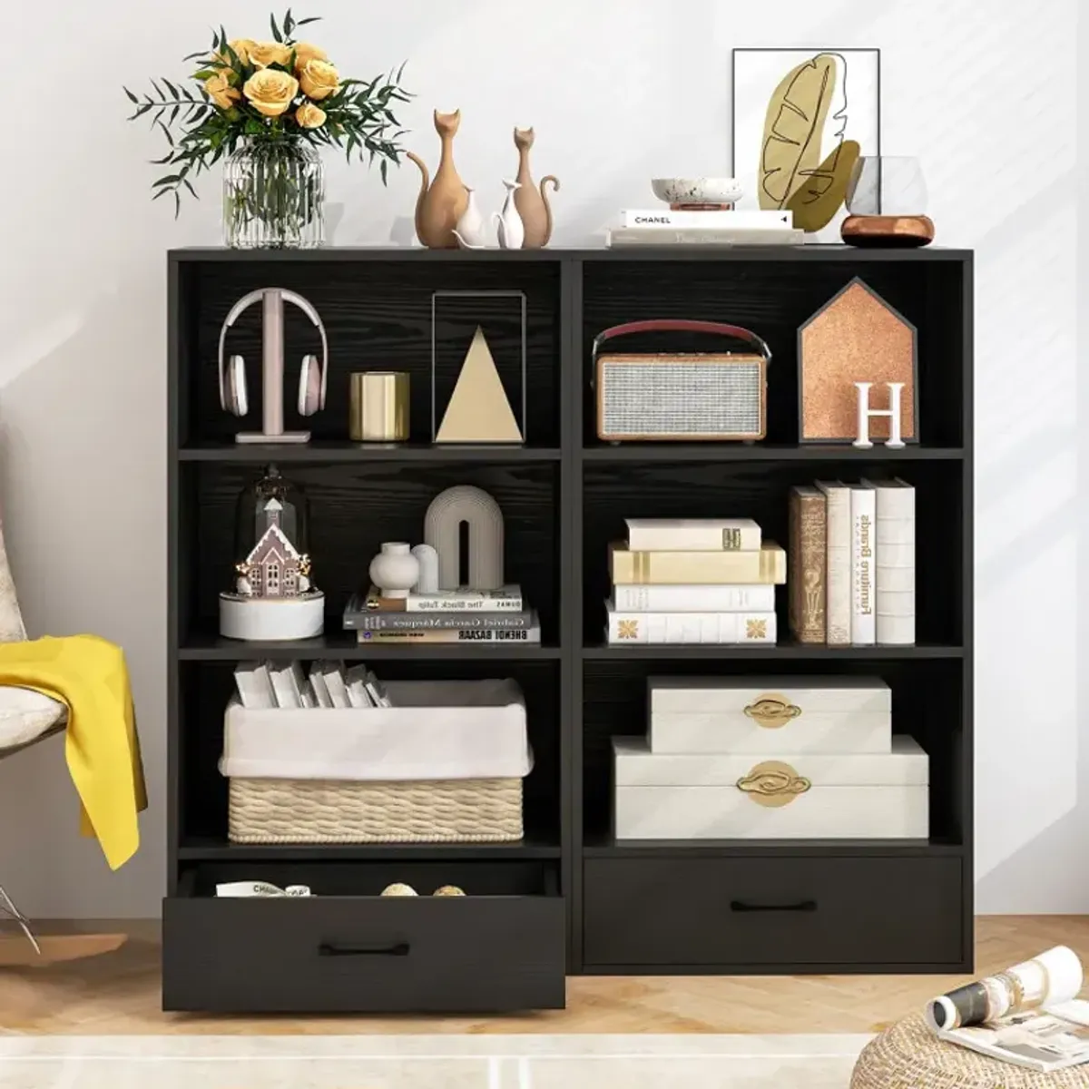 4-Tier Storage Bookcase with Open Shelves Drawer and Anti-toppling Device