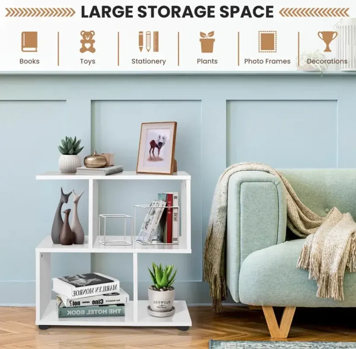 24 Inch 3-Tier Geometric Bookshelf with Thick Foot Pads