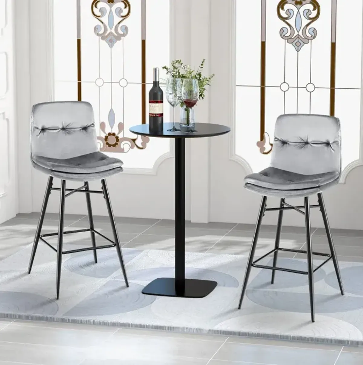 2 Pieces 29 Inch Velvet Bar Stools Set with Tufted Back and Footrests