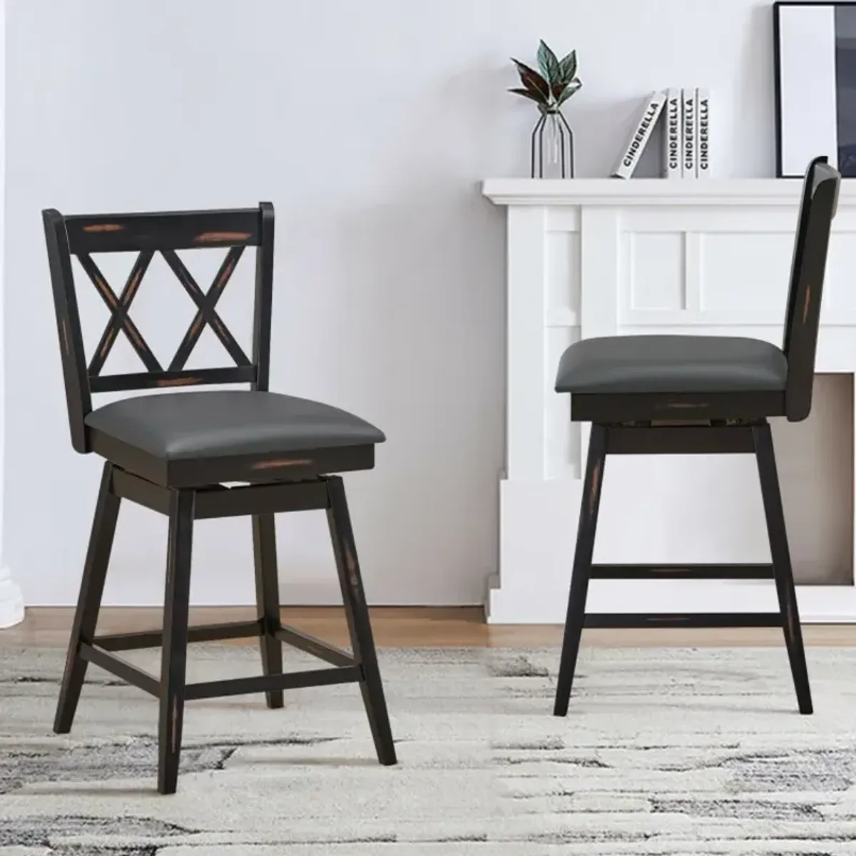 2 Pieces 25 Inch Swivel Counter Height Barstool Set with Rubber Wood Legs