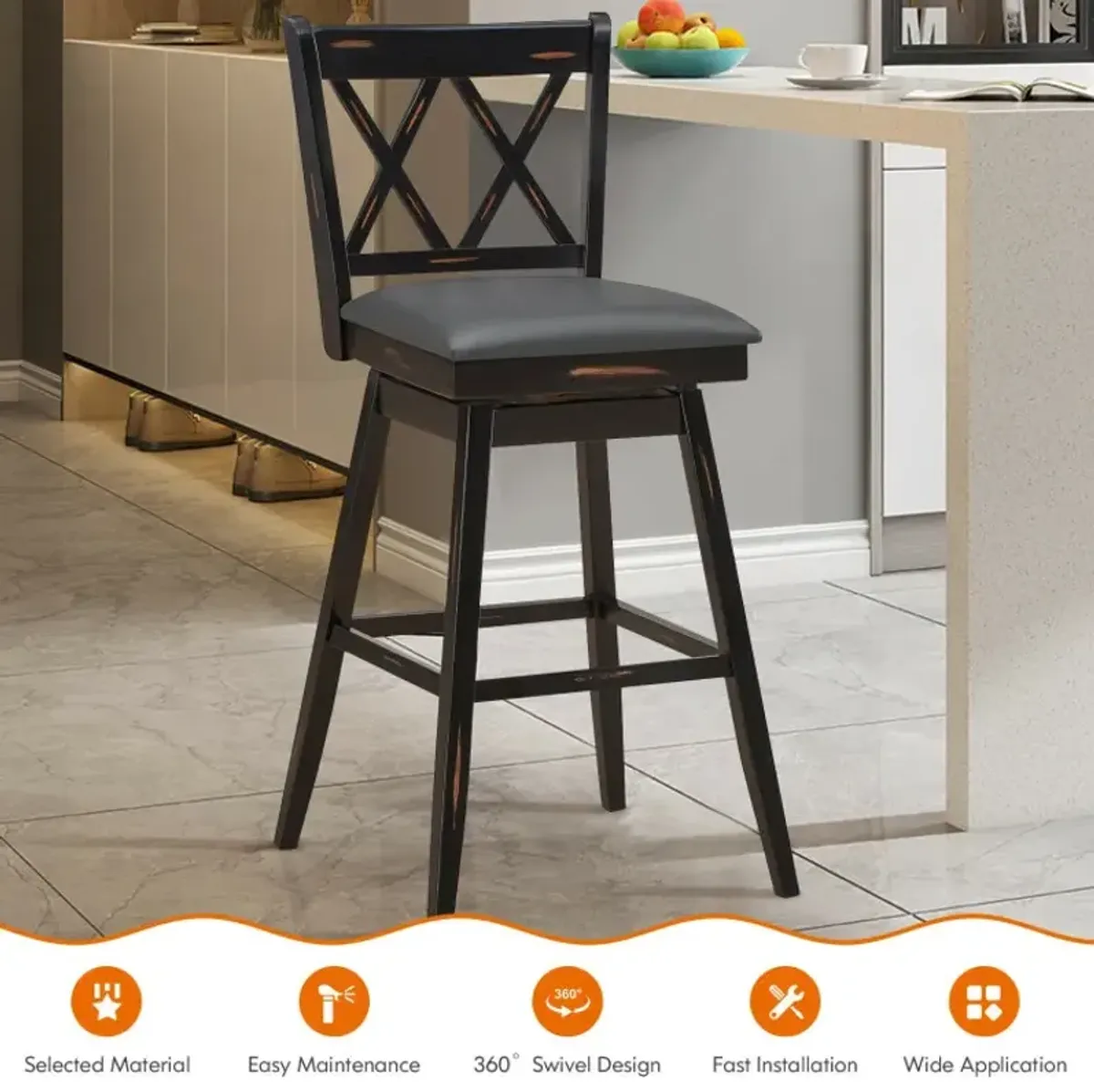 2 Pieces 29 Inch Swivel Counter Height Barstool Set with Rubber Wood Legs