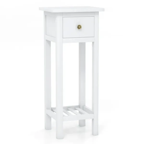 2 Tier Slim Nightstand Bedside Table with Drawer Shelf