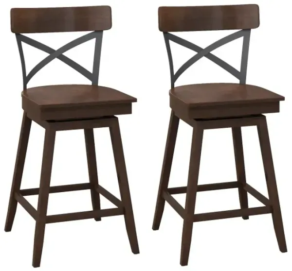 Set of 2 Wooden Swivel Bar Stools with Open X Back and Footrest