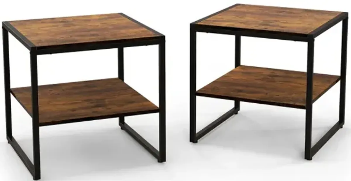 2 Pieces Industrial 2-Tier Side Table Set with Open Shelf
