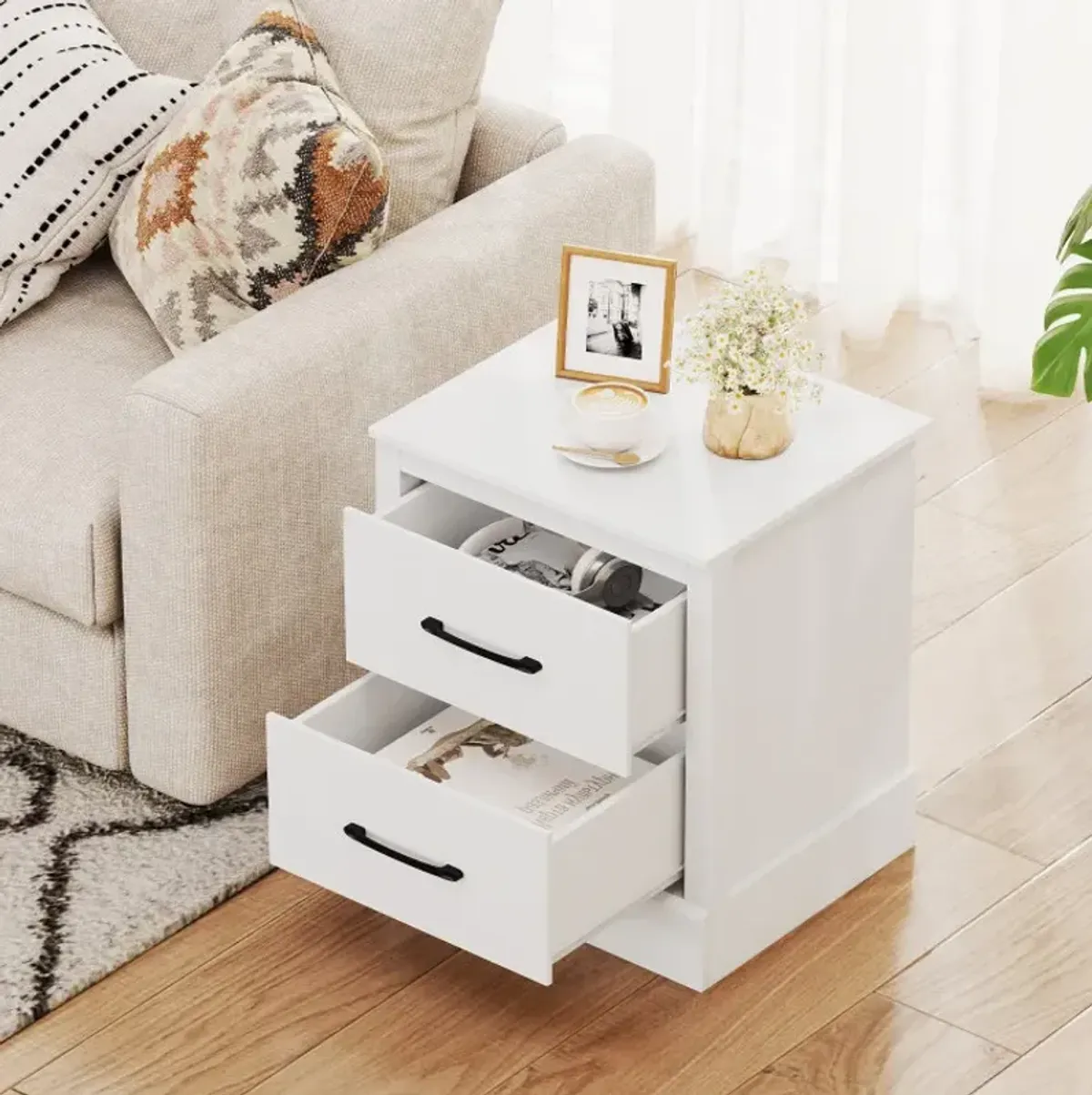 Wood Compact Floor Nightstand with Storage Drawers