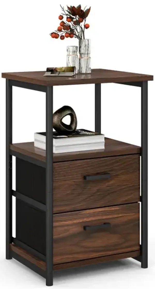 3-Tier Retro Nightstand with 2 Removable Fabric Drawers and Open Shelf