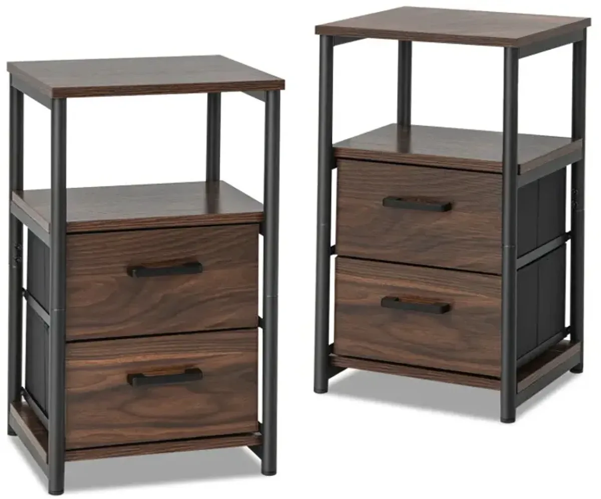 Bedside Table Set of 2 with Removable Fabric Drawers and Metal Frame