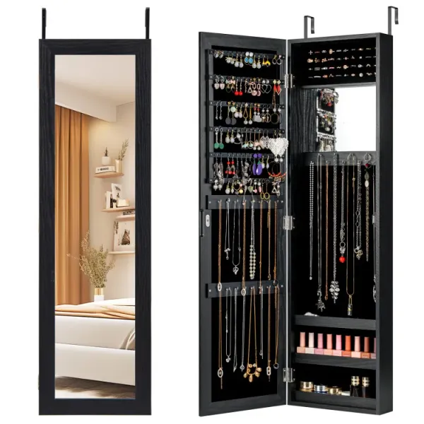 Wall or Door Mounted Jewelry Cabinet with Hooks & Storage Shelves