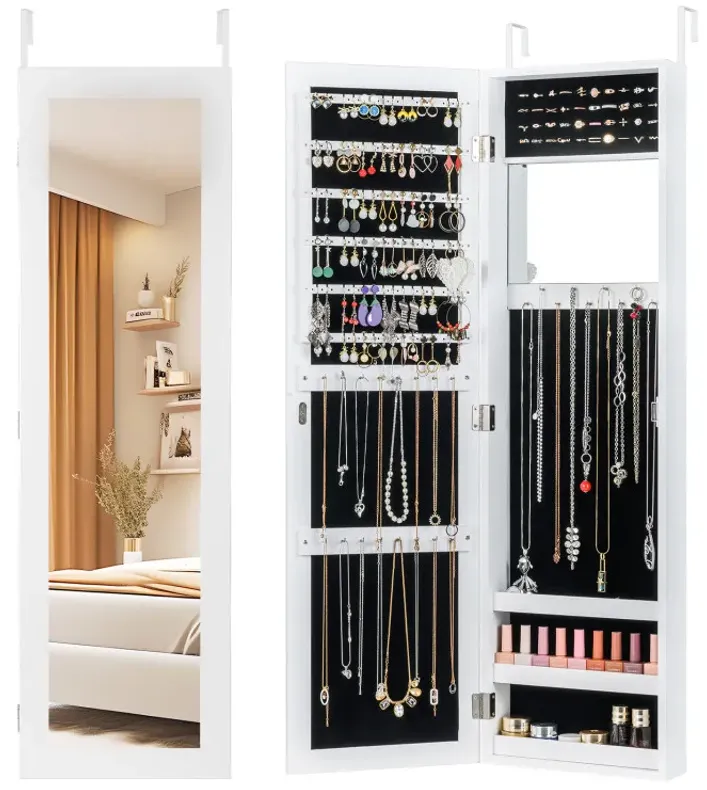 Wall or Door Mounted Jewelry Cabinet with Hooks & Storage Shelves