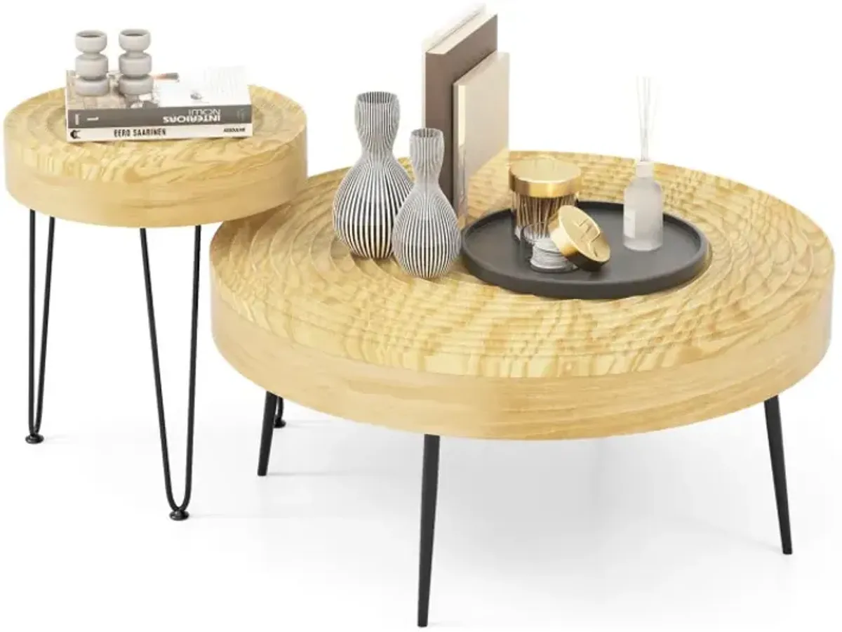 Set of 2 Solid Wood Ring Pattern Farmhouse Round Coffee Tables