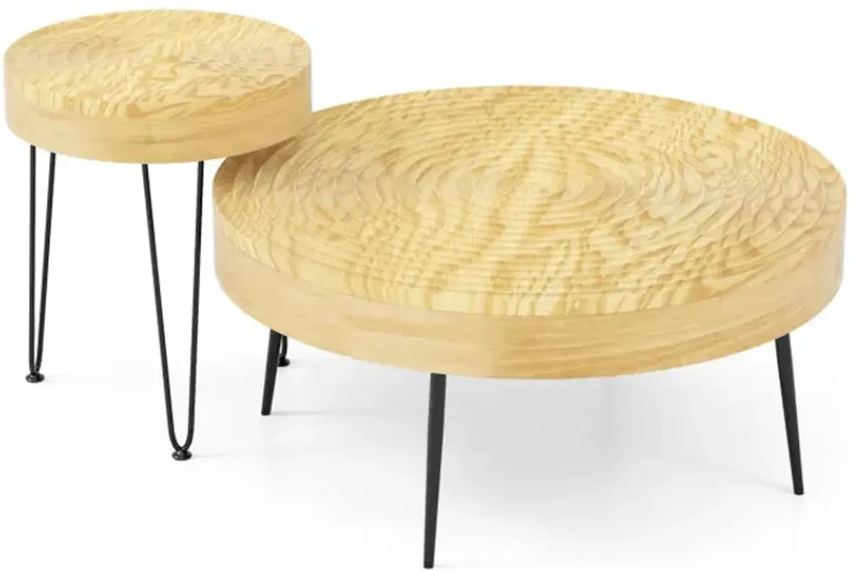 Set of 2 Solid Wood Ring Pattern Farmhouse Round Coffee Tables