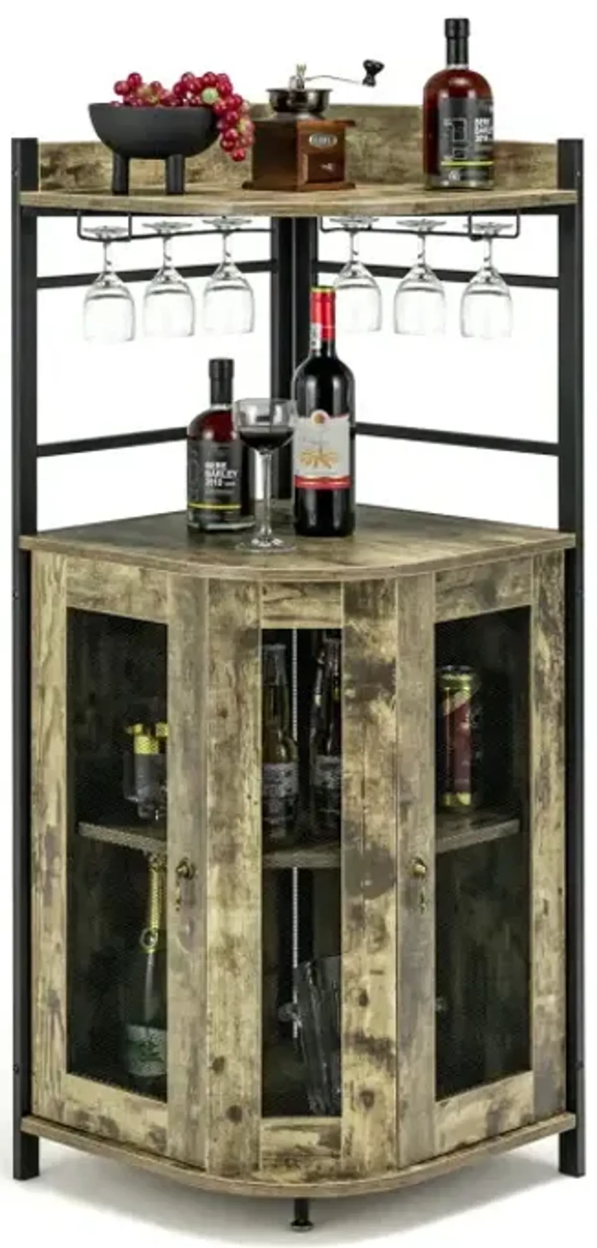 Industrial Corner Bar Cabinet with Glass Holder and Adjustable Shelf