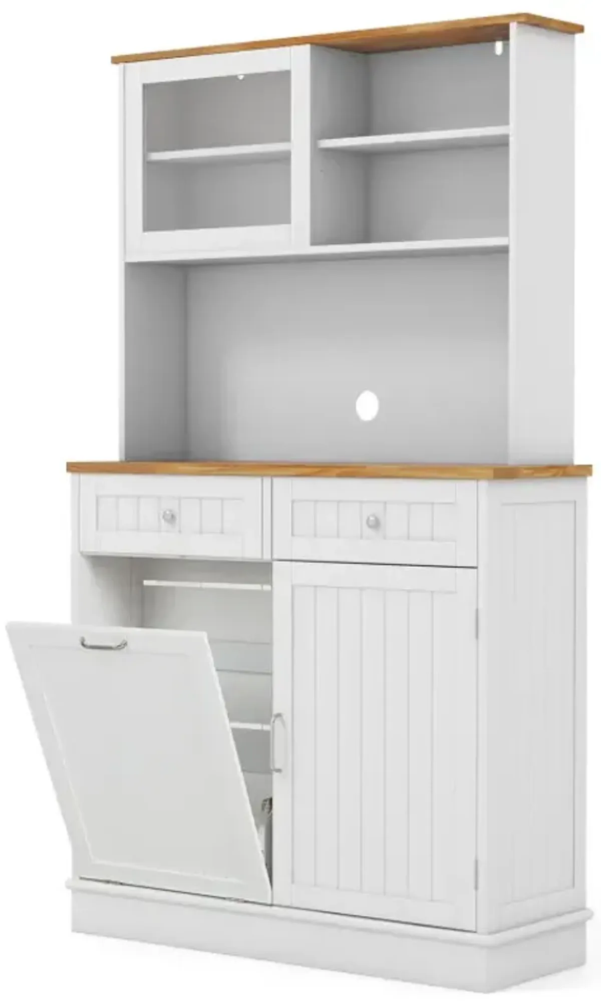 Double Tilt Out Trash Bin Cabinet with Hutch and Rubber Wood Countertop