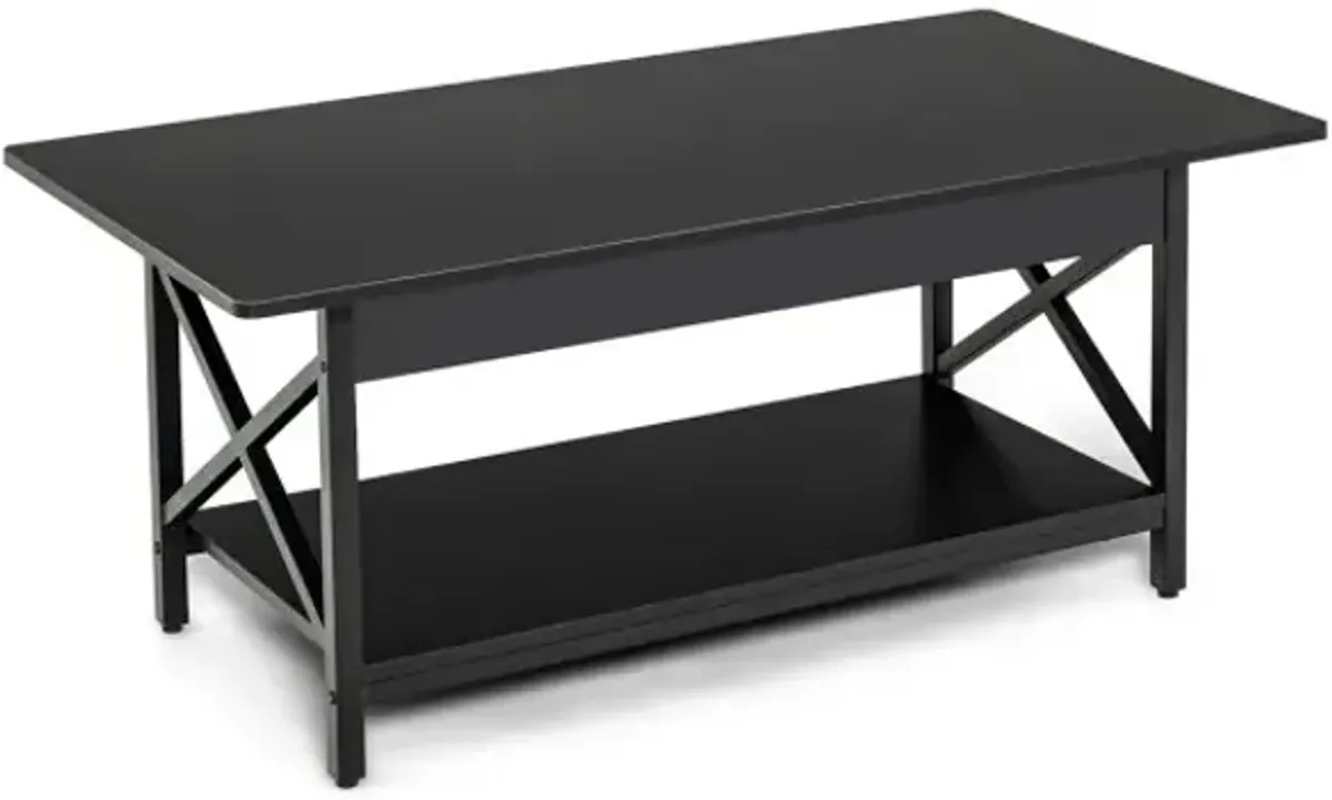2-Tier Rectangle Coffee Table with Storage Shelf and X-shaped Metal Frame