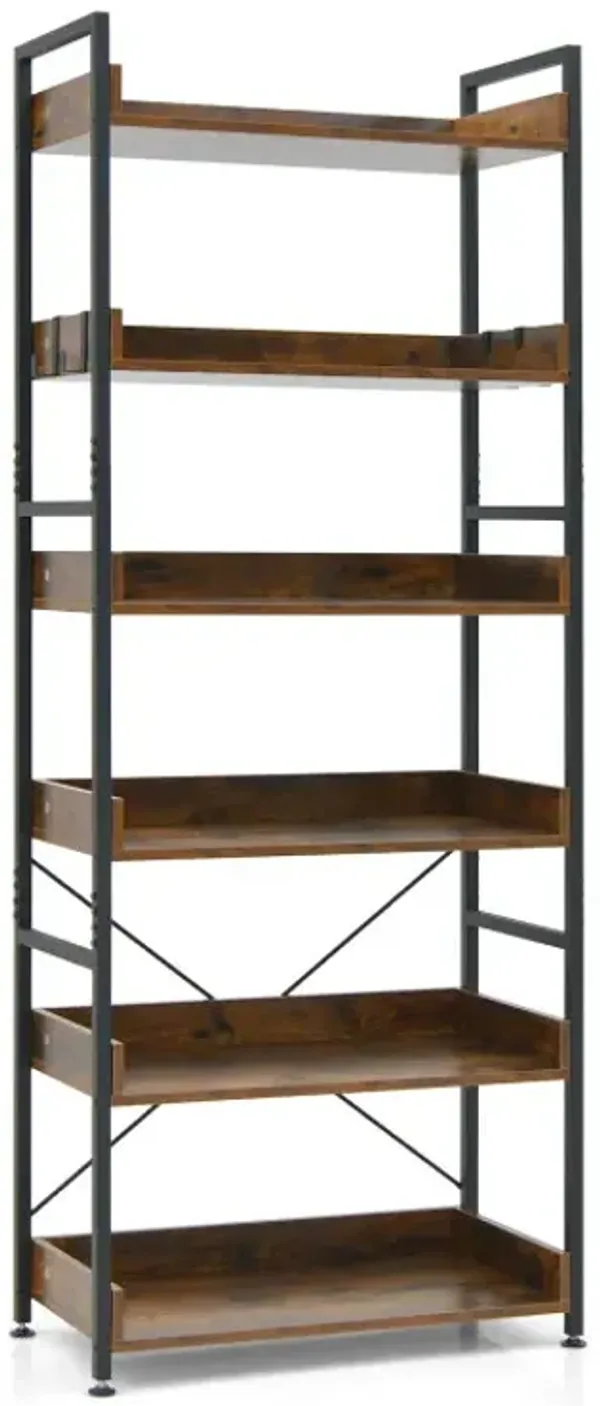 6-Tier Tall Industrial Bookcase with Open Shelves and 4 Hooks