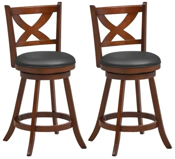 2 Pieces Classic Counter Height Swivel Bar Stool Set with X-shaped Open Back