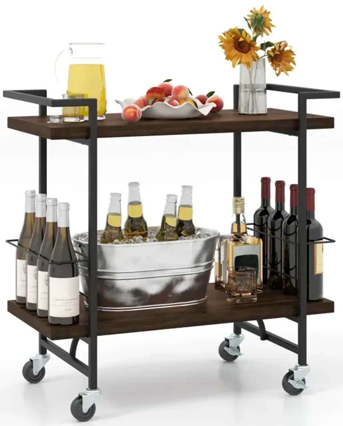 2-Tier Home Bar Cart with Lockable Wheels and Heavy-Duty Metal Frame