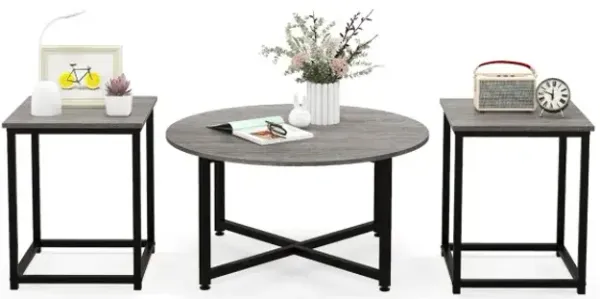 3-Piece Coffee Table Set Round Coffee Table and 2PCS Square End Tables