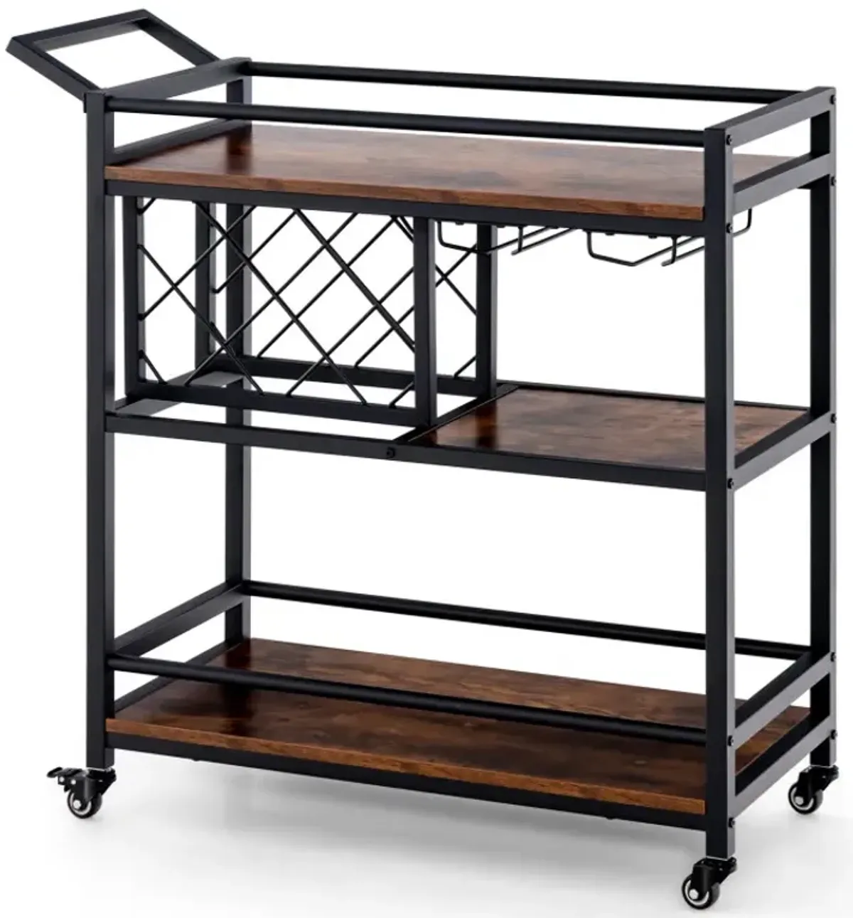 3-tier Bar Cart on Wheels Home Kitchen Serving Cart with Wine Rack and Glasses Holder