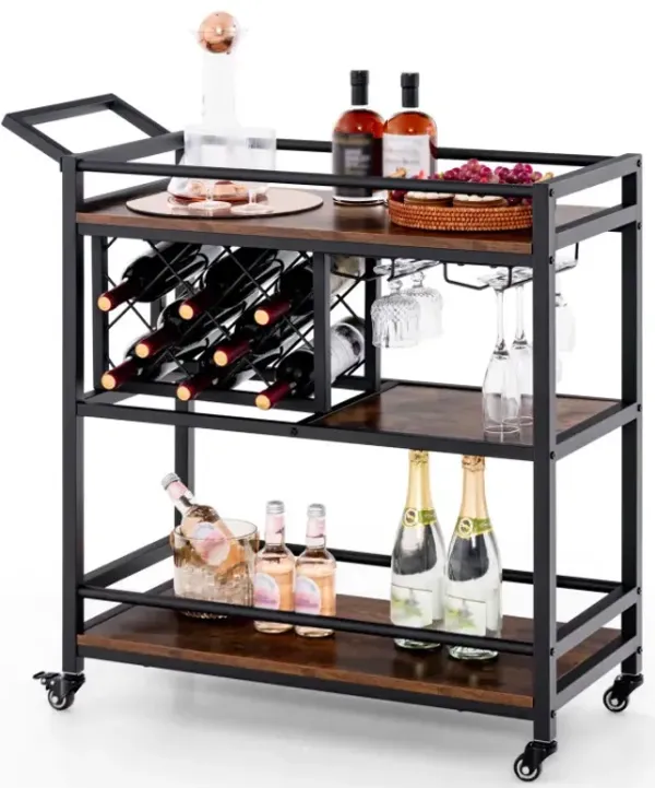 3-tier Bar Cart on Wheels Home Kitchen Serving Cart with Wine Rack and Glasses Holder