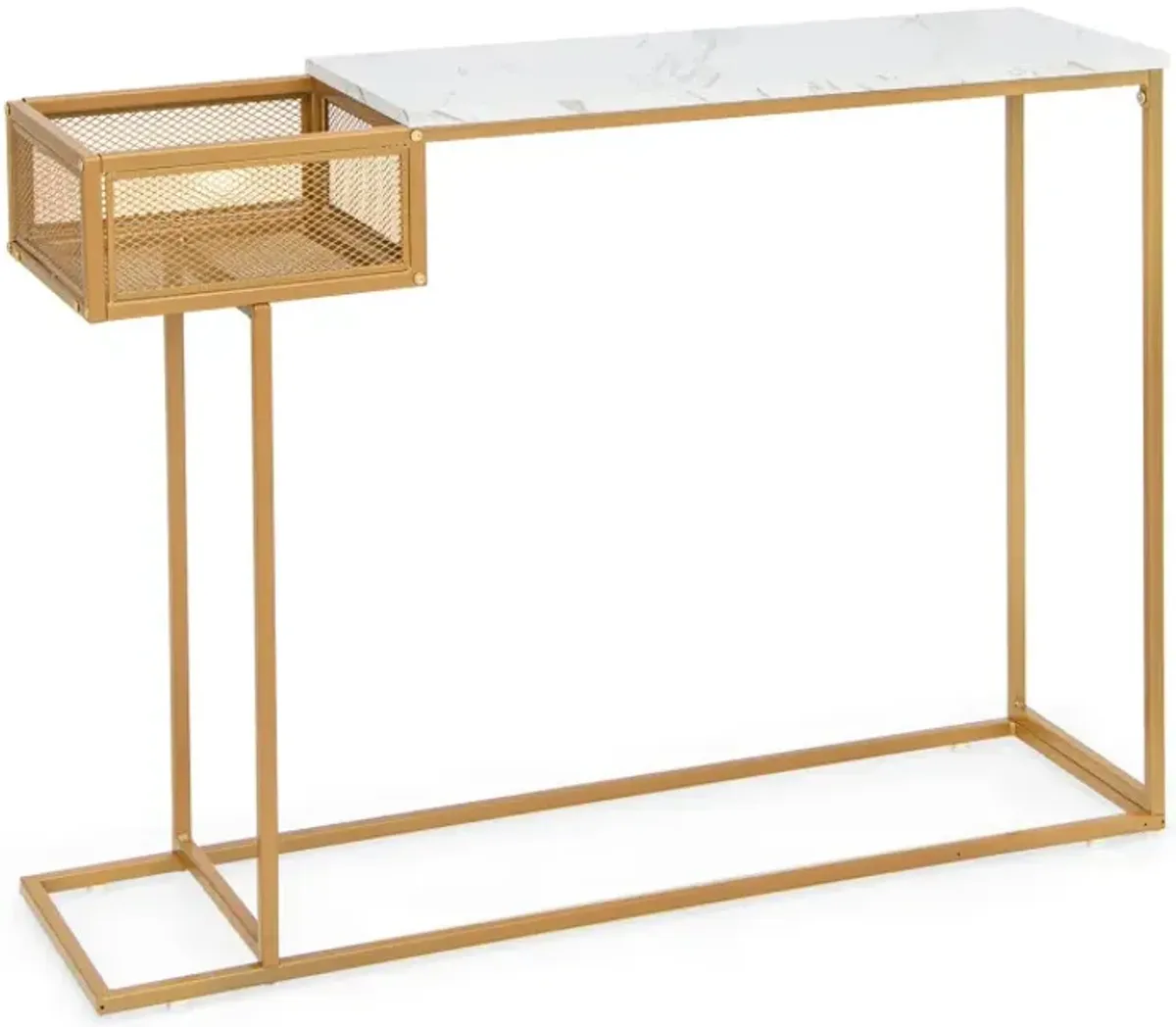 Rectangular White Faux Marble Console Table with Storage