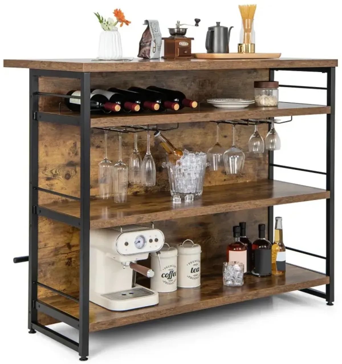 Kitchen Island with 4-Tier Storage Shelf and Long Footrest for Home