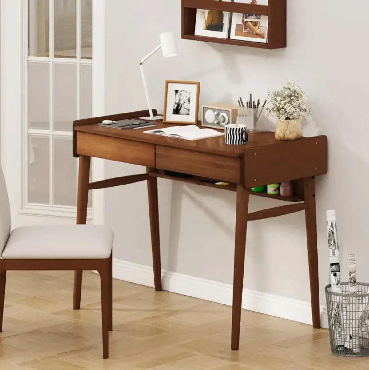 Bamboo Writing Desk with 2 Storage Drawers and Open Shelf