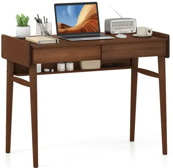 Bamboo Writing Desk with 2 Storage Drawers and Open Shelf