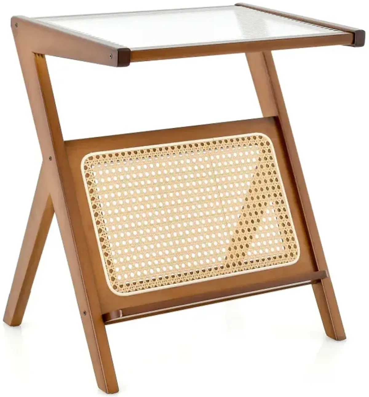 Boho End Table with Magazine Rack and Tempered Glass Top