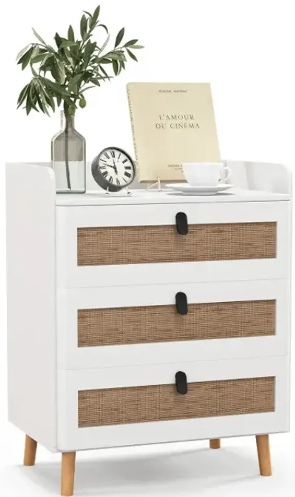 Modern End Table with 3 Rattan Decorated Drawers