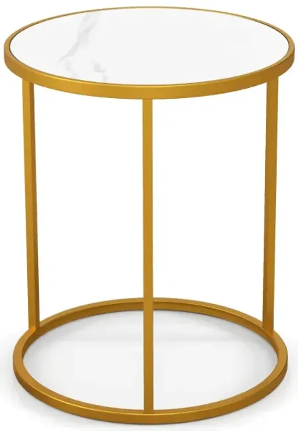 16 Inch Marble Top Round Side Table with Golden Metal Frame for Living Room Bedroom