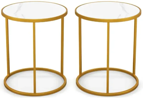 16 Inch Marble Top Round Side Table with Golden Metal Frame for Living Room Bedroom