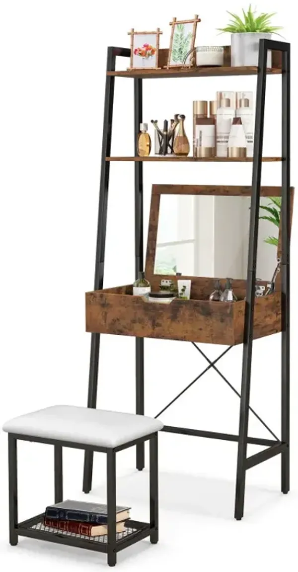 Ladder Vanity Desk Set with Flip Top Mirror and Cushioned Stool