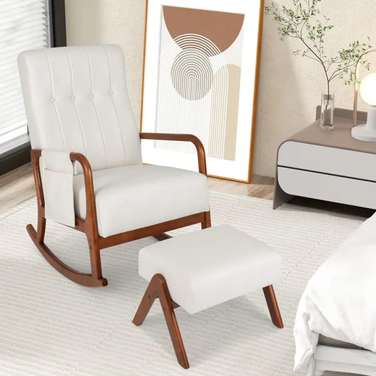 Rocking Chair with Ottoman Solid Rubber Wood Frame Padded Cushion