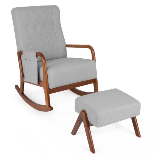 Rocking Chair with Ottoman Solid Rubber Wood Frame Padded Cushion
