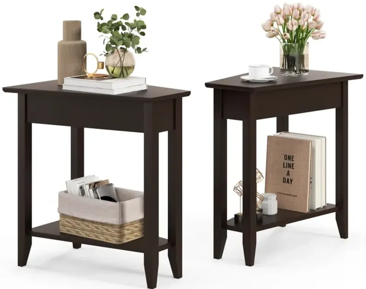 2-Tier Wedge Narrow End Table with Storage Shelf and Solid Wood Legs
