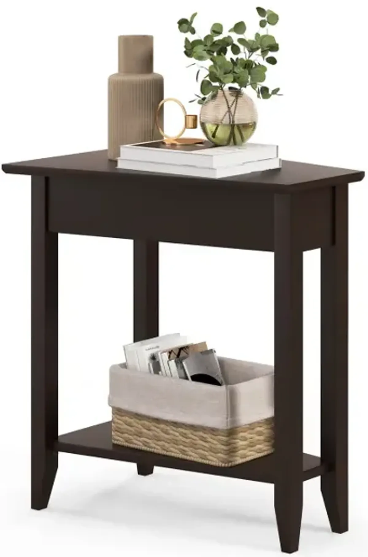 2-Tier Wedge Narrow End Table with Storage Shelf and Solid Wood Legs