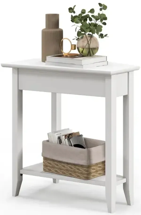 2-Tier Wedge Narrow End Table with Storage Shelf and Solid Wood Legs