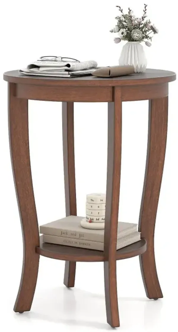 2-tier Round End Table with Solid Wood Legs