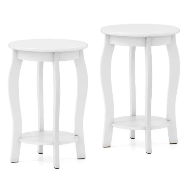 Set of 2 15 Inch 2-Tier Round End Table with Storage Shelf